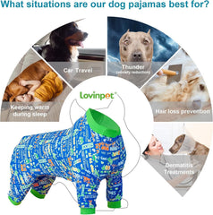 LovinPet soft cozy dog onesie fit demonstrated on a relaxed pup.