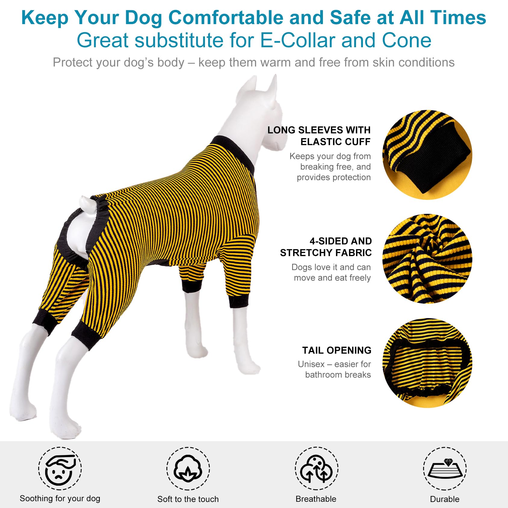 LovinPet yellow blue stripe PJS breathable cotton, year-round comfort for large dogs.