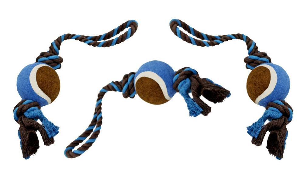 LOVINPUP dog rope toy with tennis ball in blue supports interactive play and durability.
