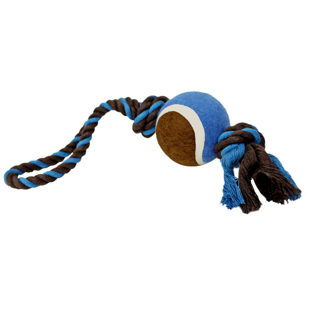 lovinpup rope toy tennis ball blue closeup shows durable tug play for aggressive chewers