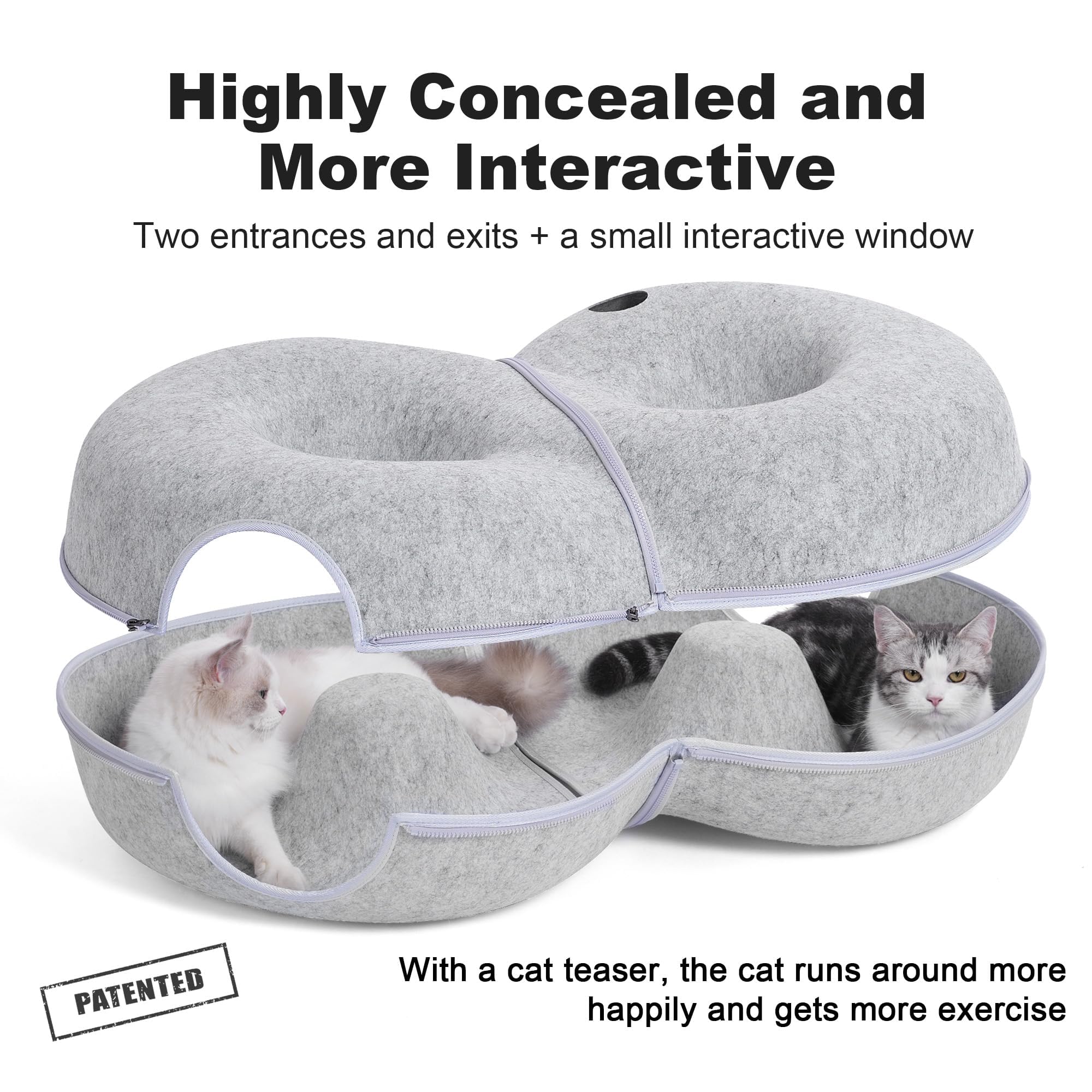 LovIntry 12 toy balls boost hunting and pounce play inside the donut tunnel.