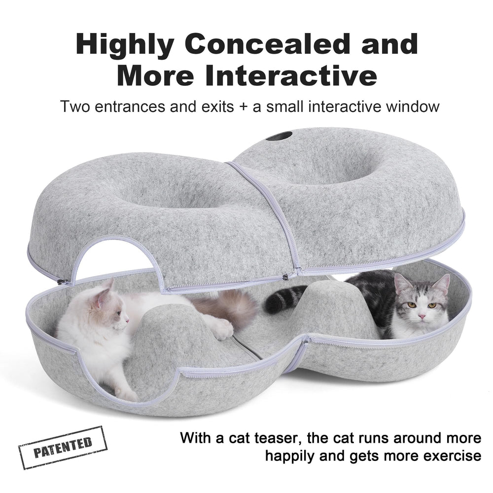 LovIntry 12 toy balls boost hunting and pounce play inside the donut tunnel.