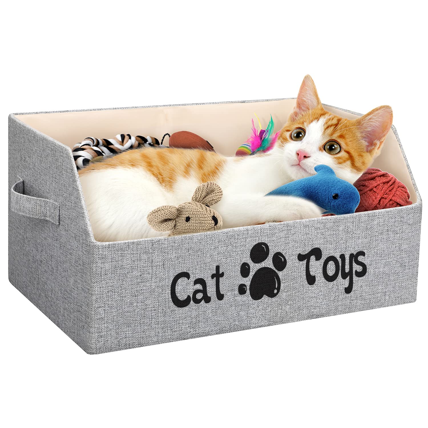 LOVSTORAGE cat toy bin front view highlights durable linen fabric for easy cleaning.