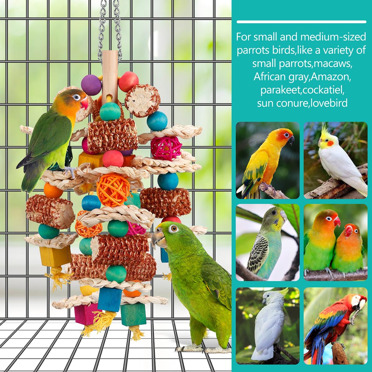 lovyoCoCo parrot toy with hook supports easy cage attachment.