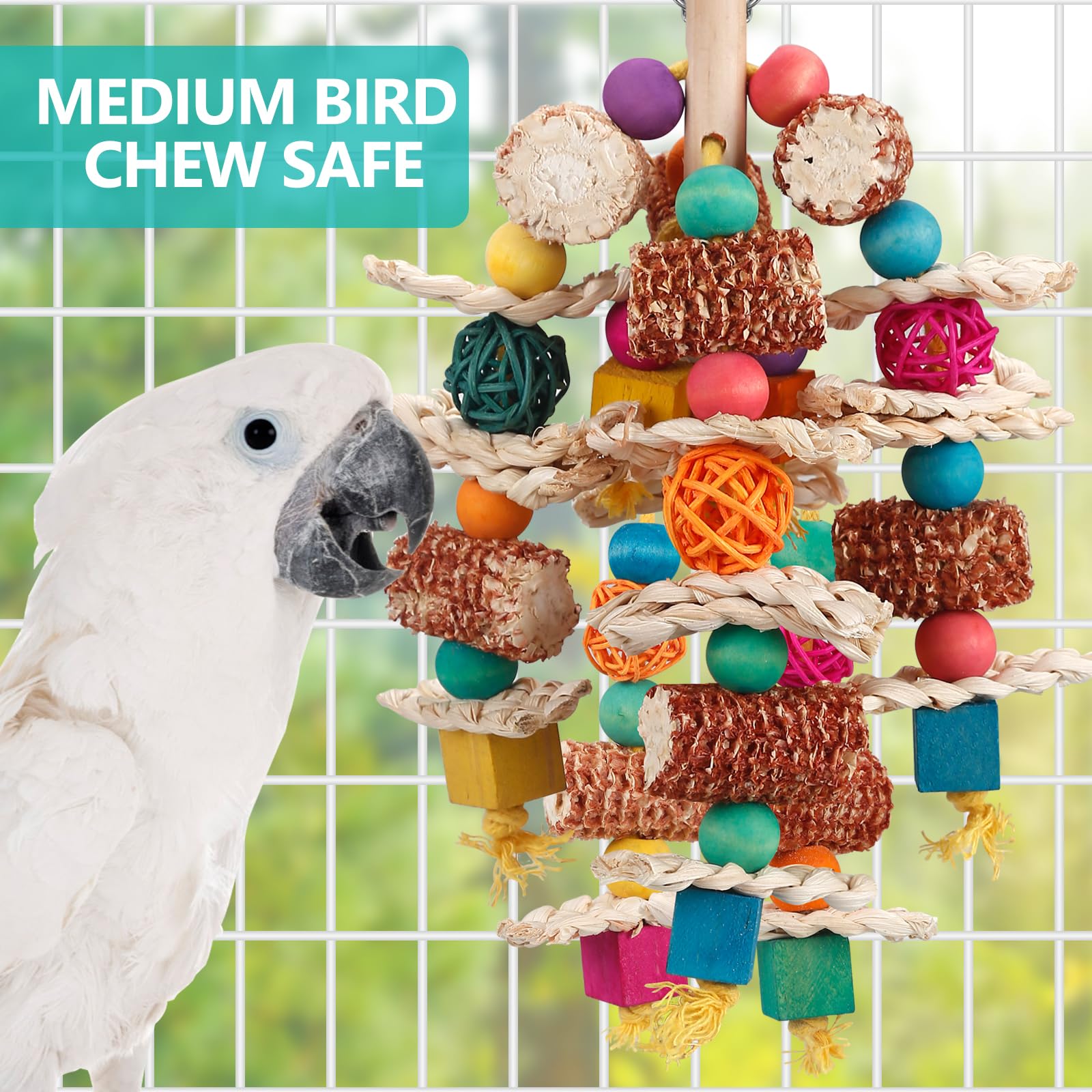 lovyoCoCo parrot toy wooden blocks image highlights beak health through natural chewing.