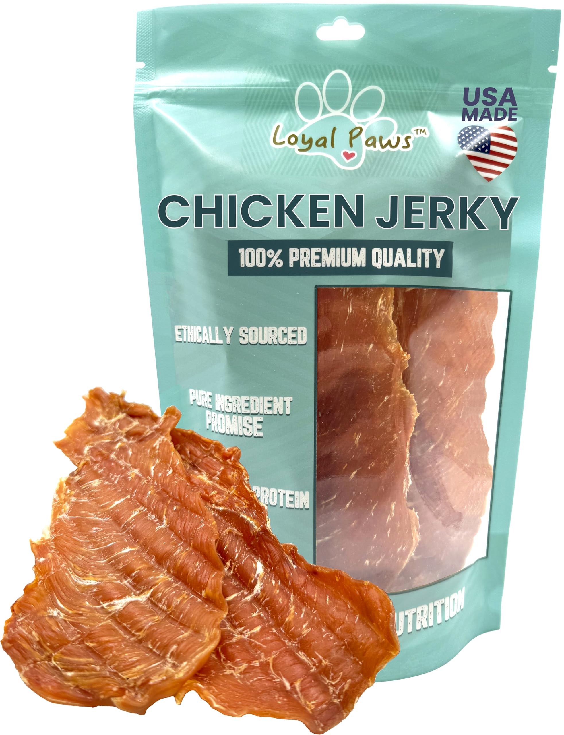 Loyal Paws Chicken Strips packaging shows premium single ingredient dog treats ideal for picky eaters.
