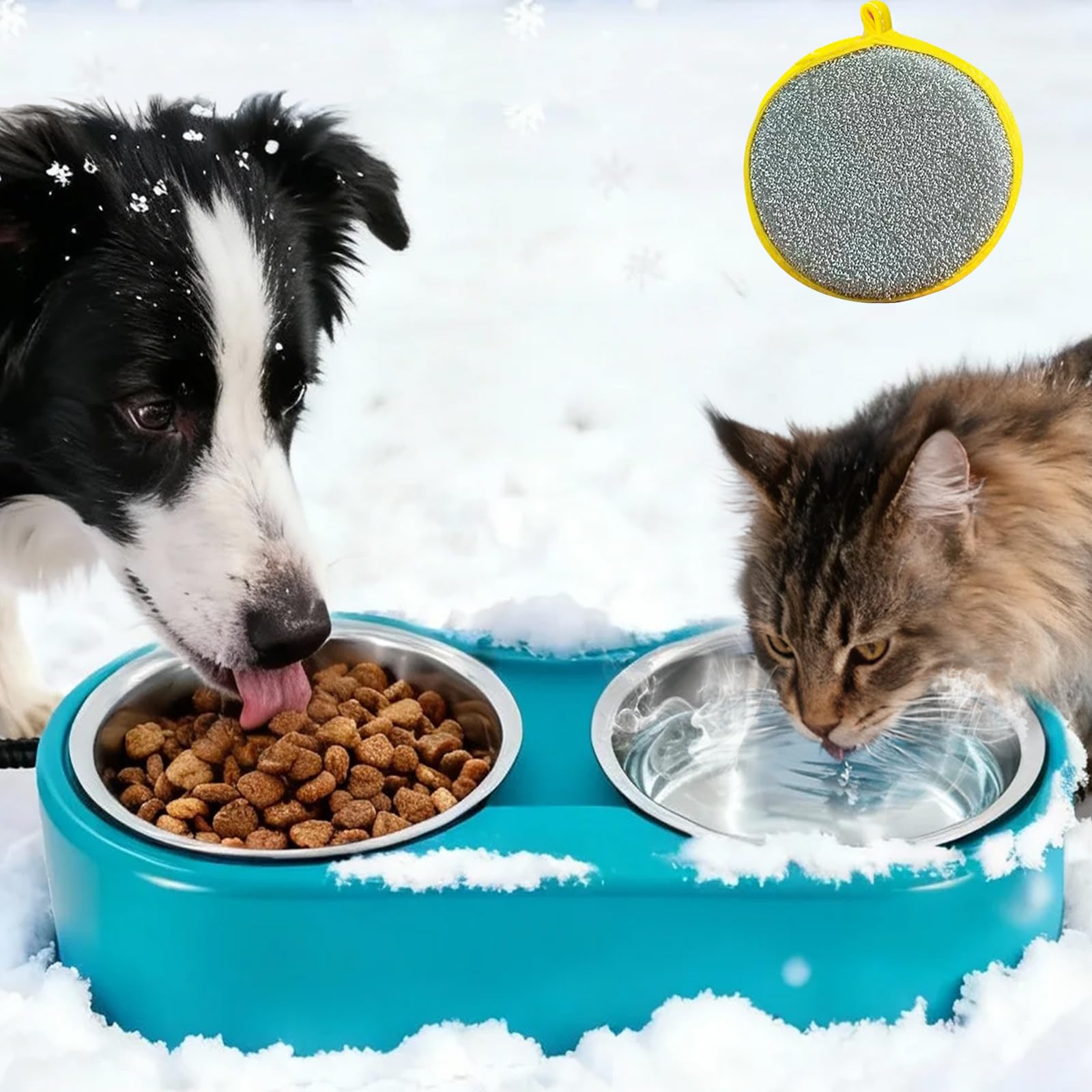 Loyala outdoor heated dual-bowl 24oz shows ice-free water and food for outdoor pets