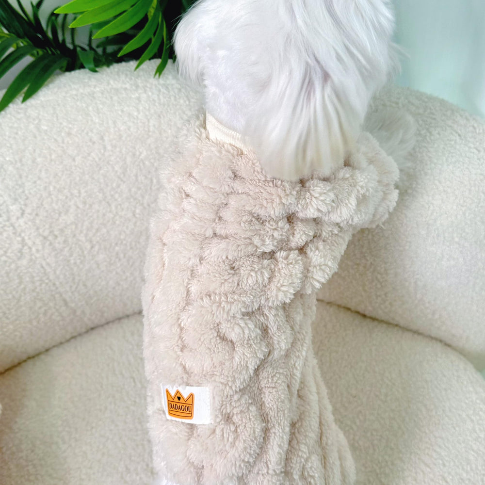 Loyanyy plush dog pajamas worn during a chilly walk for warmth