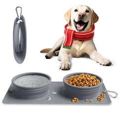 LPFLASAT collapsible dog bowl grey with dual bowls for convenient travel feeding.