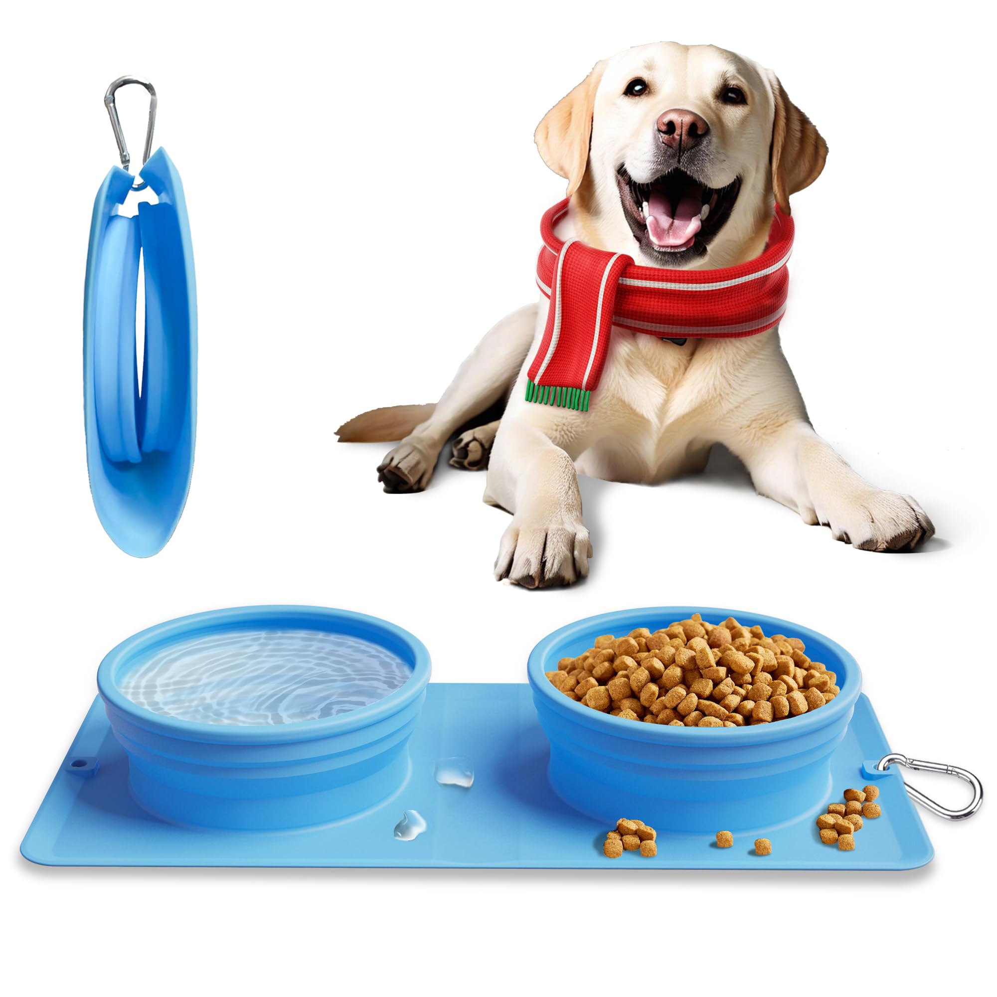 LPFLASAT collapsible dual bowls blue for space-saving travel feeding
