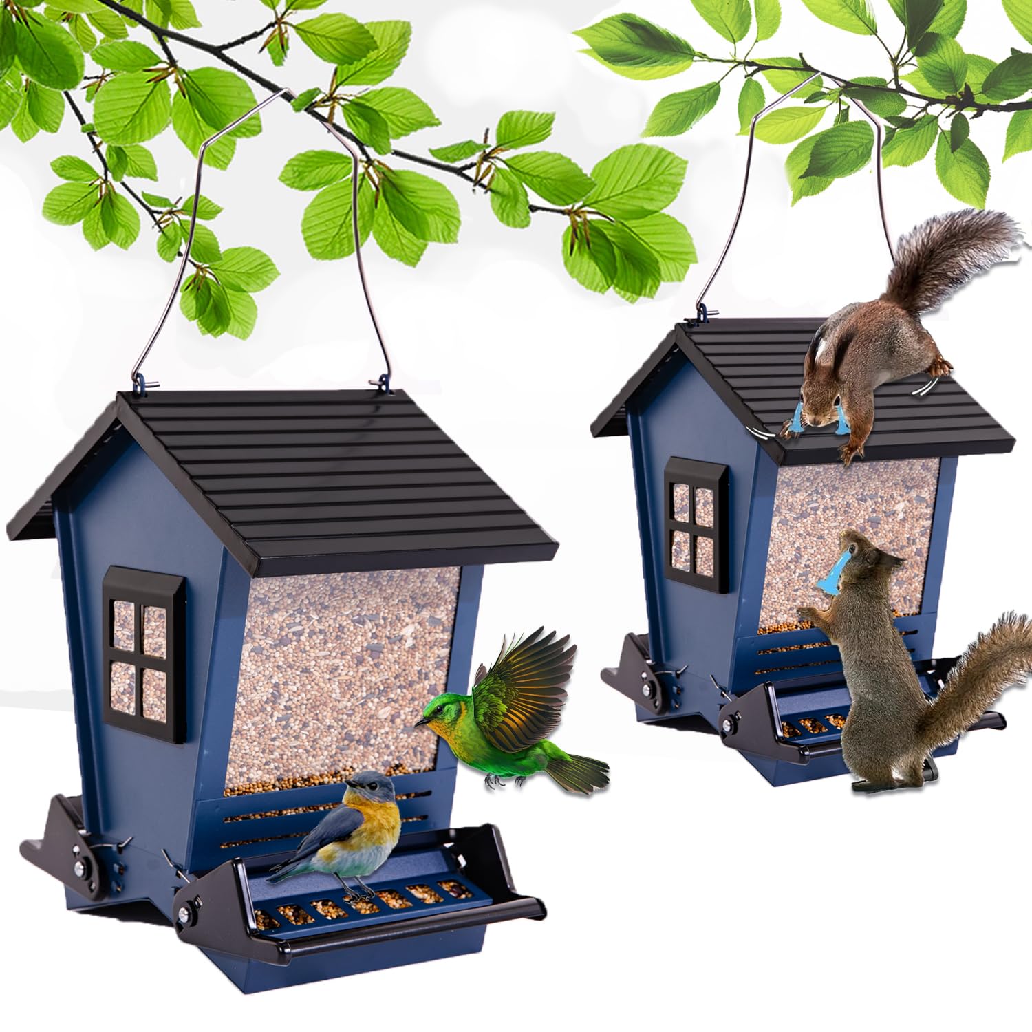 LSCQYYCC Bird Feeder front view in blue, sturdy metal, clear seed visibility for birds
