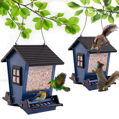 LSCQYYCC Bird Feeder front view in blue, sturdy metal, clear seed visibility for birds