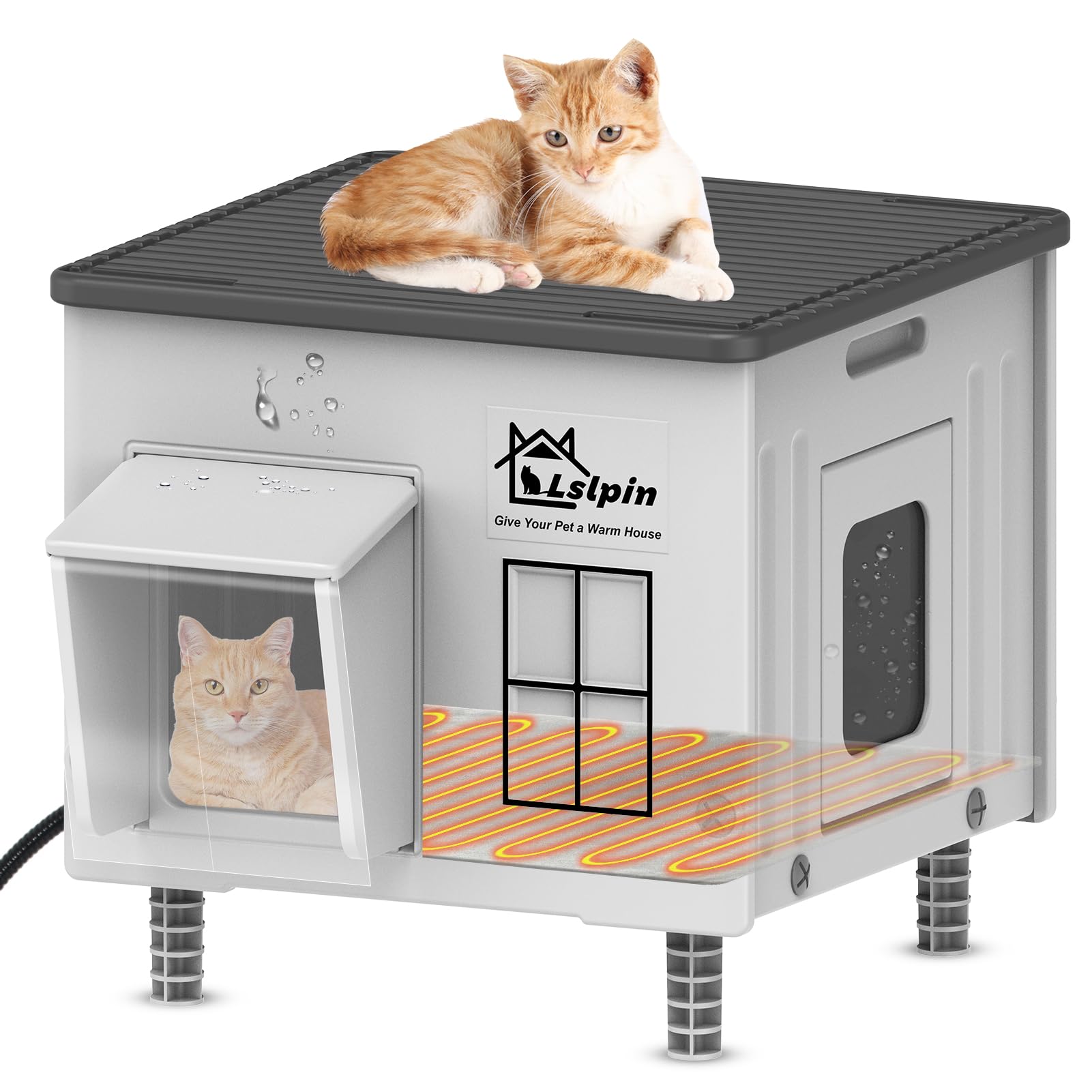 Lslpin indestructible heated cat house front view shows weatherproof durability for outdoor use.