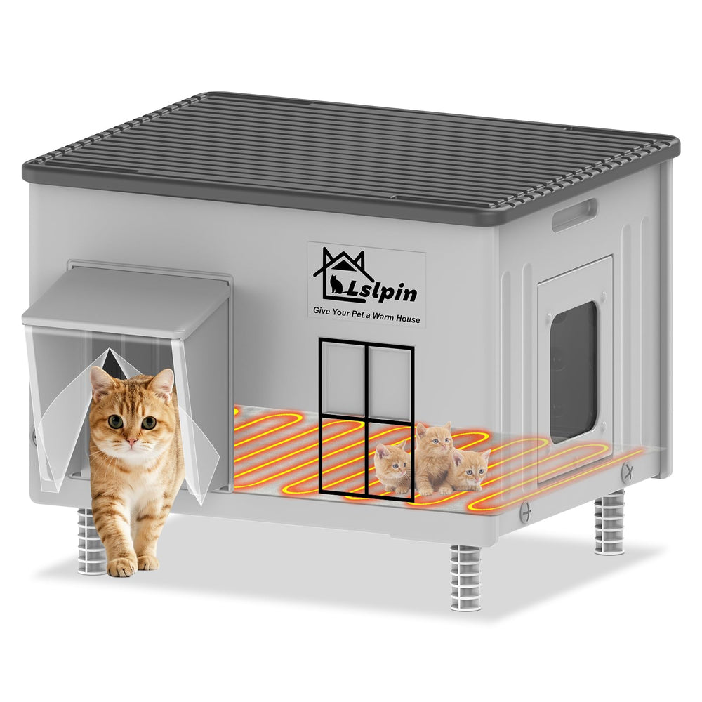 Lslpin large heated cat house outdoor front view showing weatherproof shell and size for outdoor use