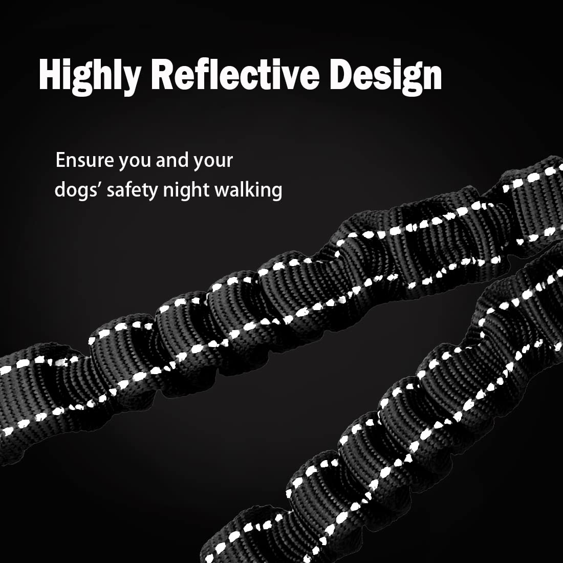 LTSGORY 3Way dog leash coupler bungee stretch reduces abrupt pulls during strolls.