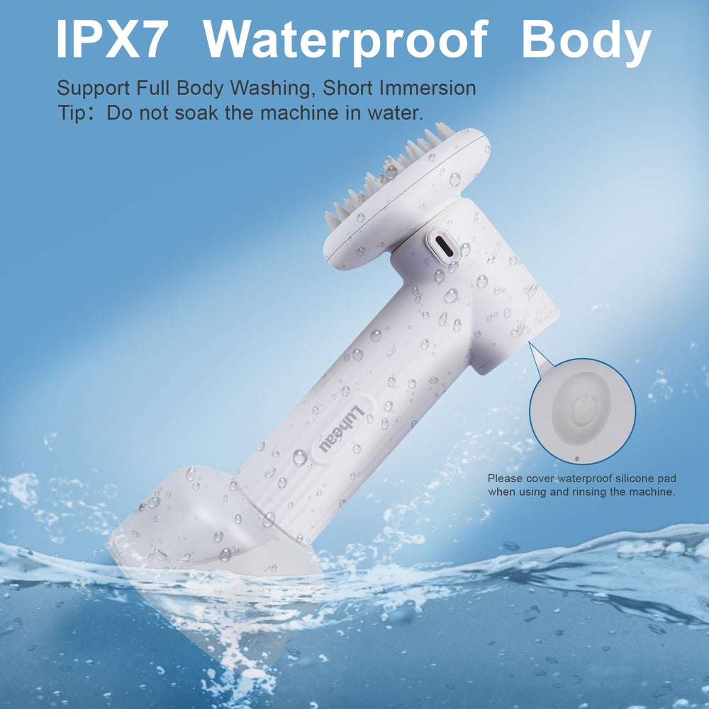 Lubeau brush attachment in soft silicone used as a massage tool during baths.