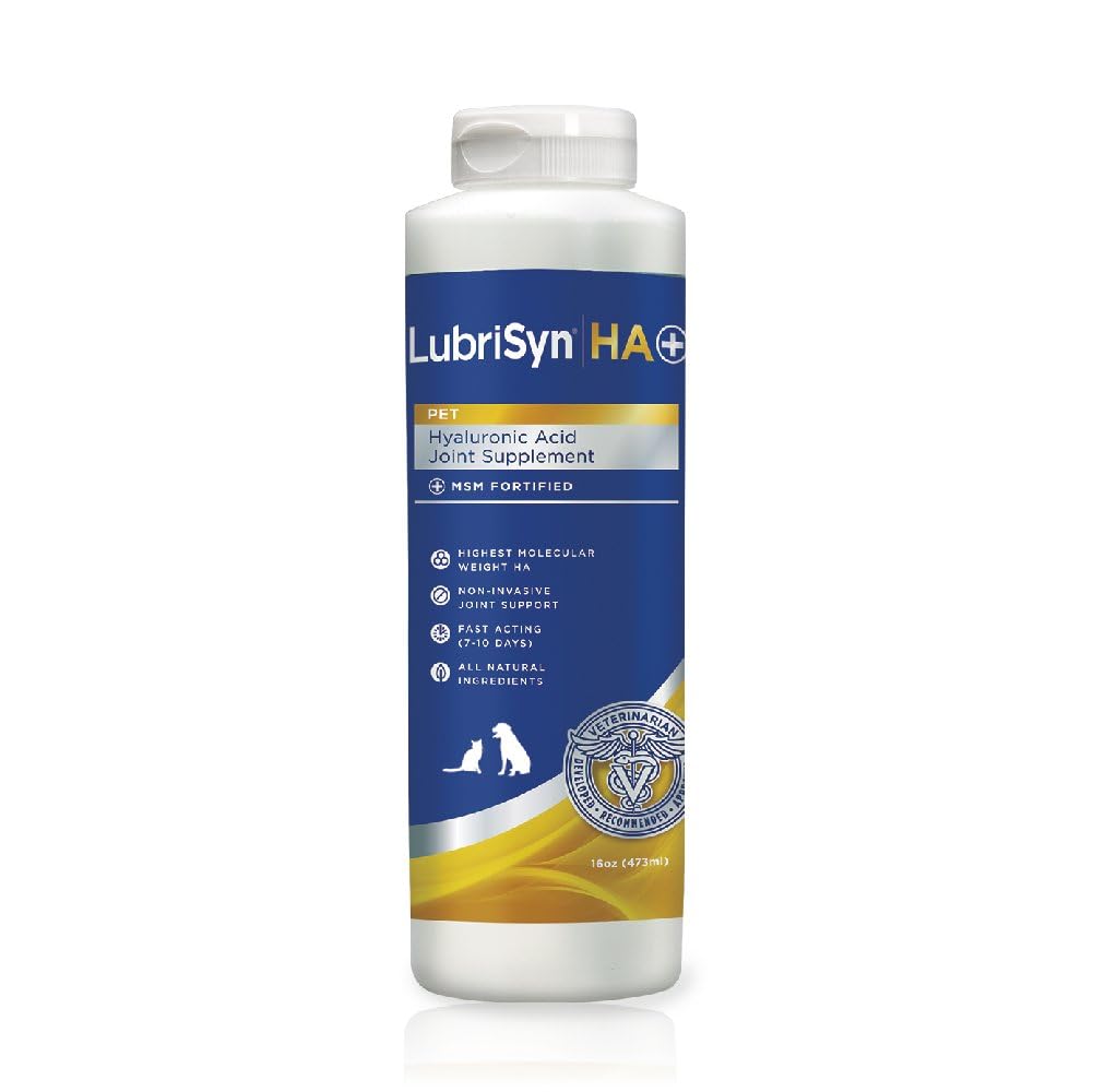 LubriSynHA bottle pour demonstrates easy dosing for dog joint support.