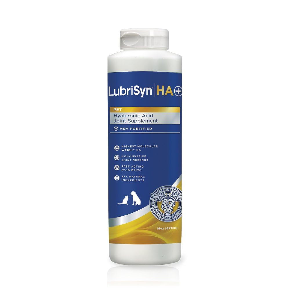 LubriSynHA bottle pour demonstrates easy dosing for dog joint support.