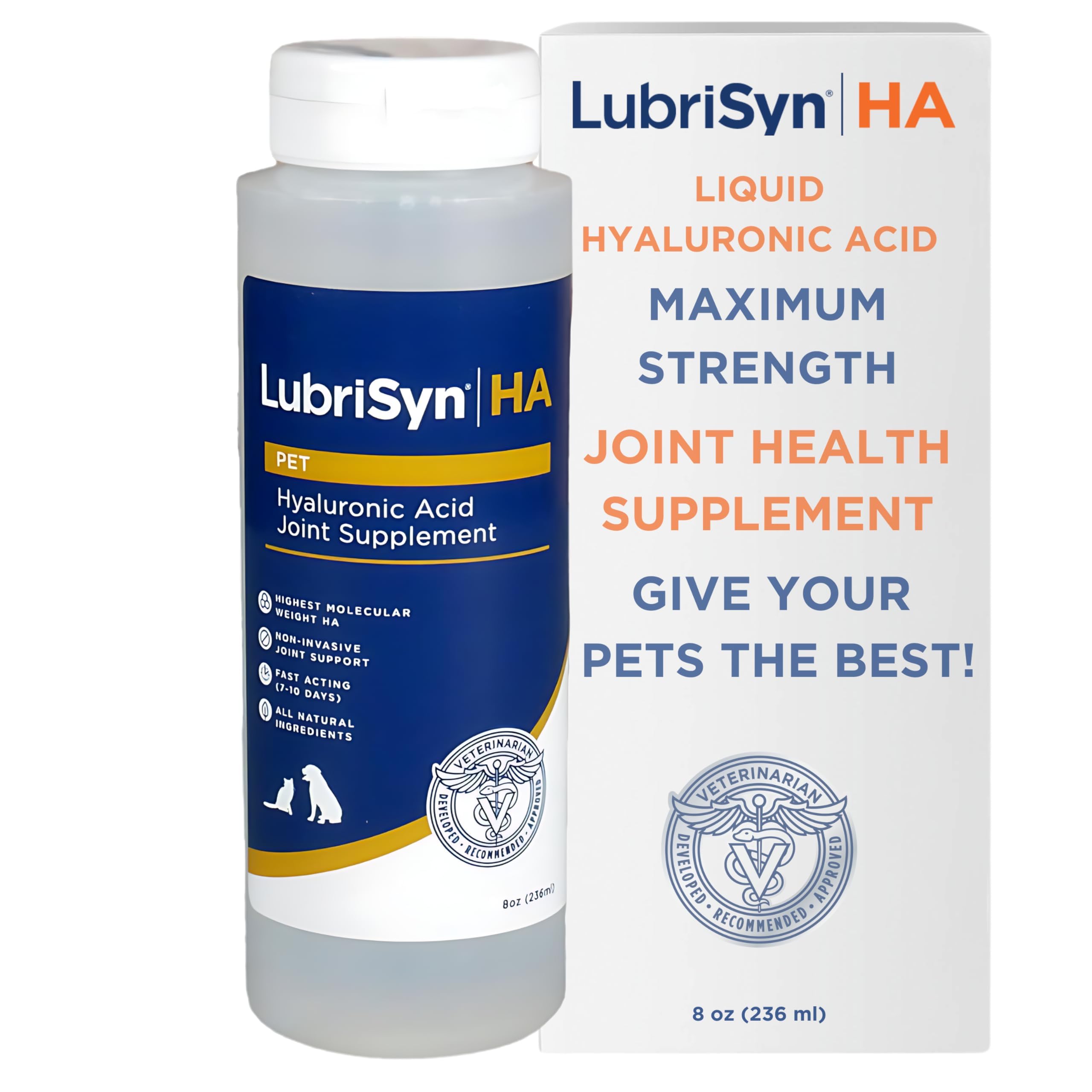 LubriSynHA bottle pour demonstrates easy liquid joint support for dogs, cats, and horses.