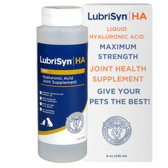 LubriSynHA bottle pour demonstrates easy liquid joint support for dogs, cats, and horses.