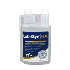 LubriSynHA liquid bottle pour demonstrates easy daily joint support for dogs, cats, and horses.