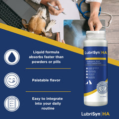 LubriSynHA-liquid-dispense shows fast-acting, tasteless HA for pet mobility and daily comfort.