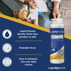 LubriSynHA bottle being poured to pets for mobility support
