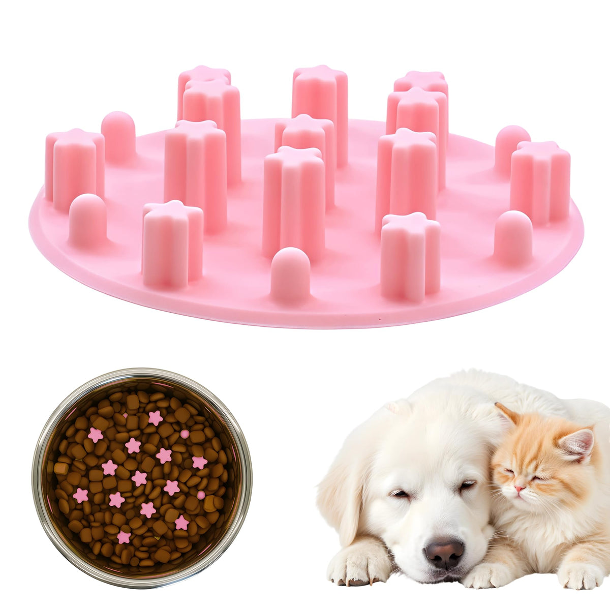 LuciPaw slow feeder insert in pink bowl slows eating for cats and small dogs.