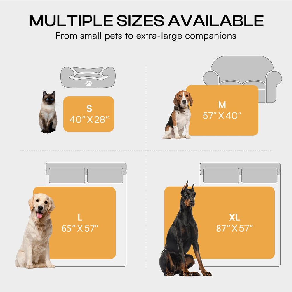 Luciphia Waterproof Bed Blanket sizes guide visual shows four options.