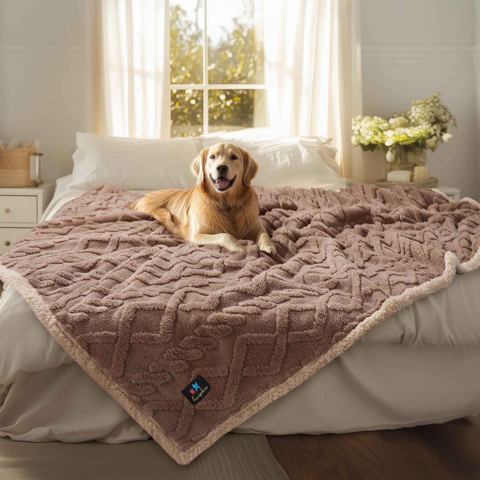 Luciphia waterproof pet blanket closeup shows internal layer preventing spills and leaks