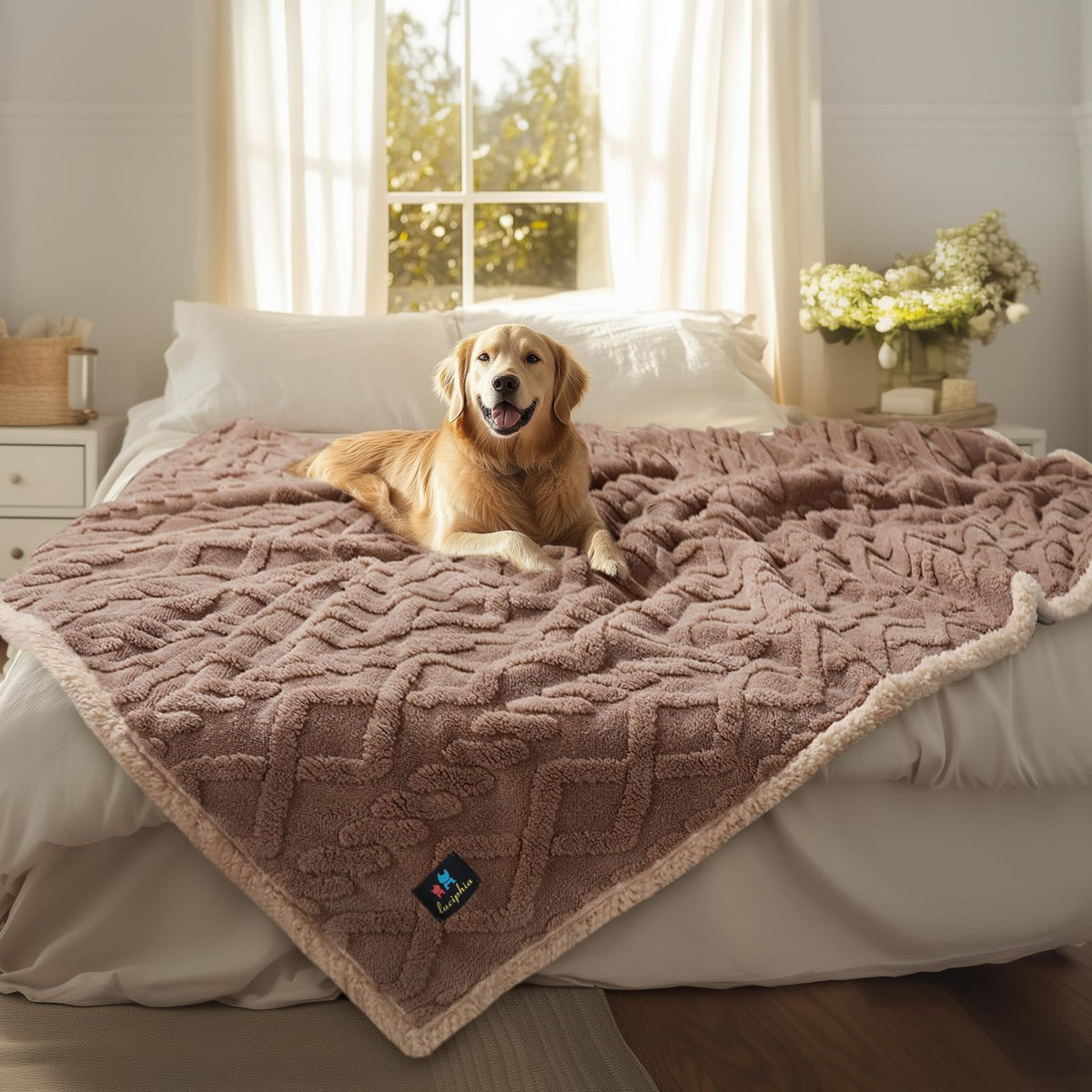 Luciphia waterproof pet blanket closeup shows internal layer preventing spills and leaks
