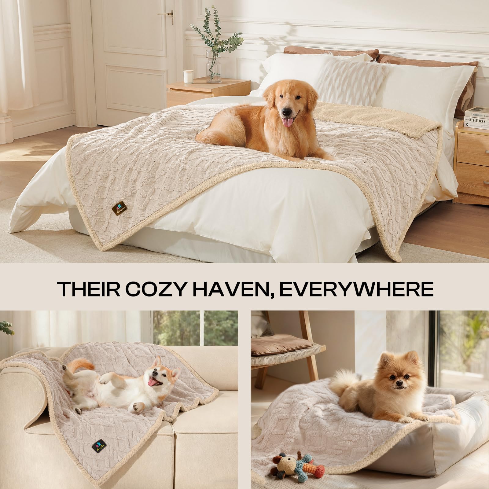 Luciphia Waterproof Pet Blanket folded for storage showing beige color