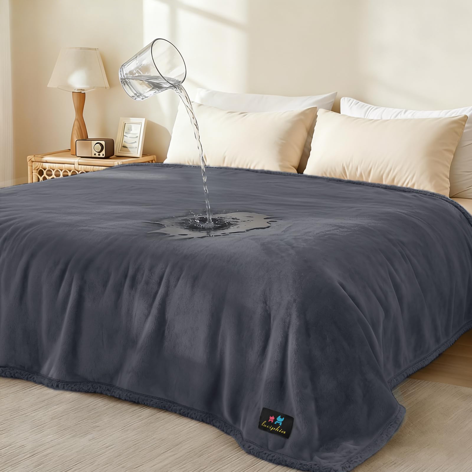 Luciphia Waterproof Pet Blanket on sofa provides full-coverage protection against spills.