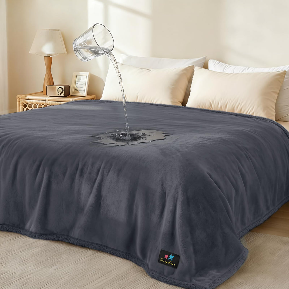 Luciphia Waterproof Pet Blanket on sofa provides full-coverage protection against spills.