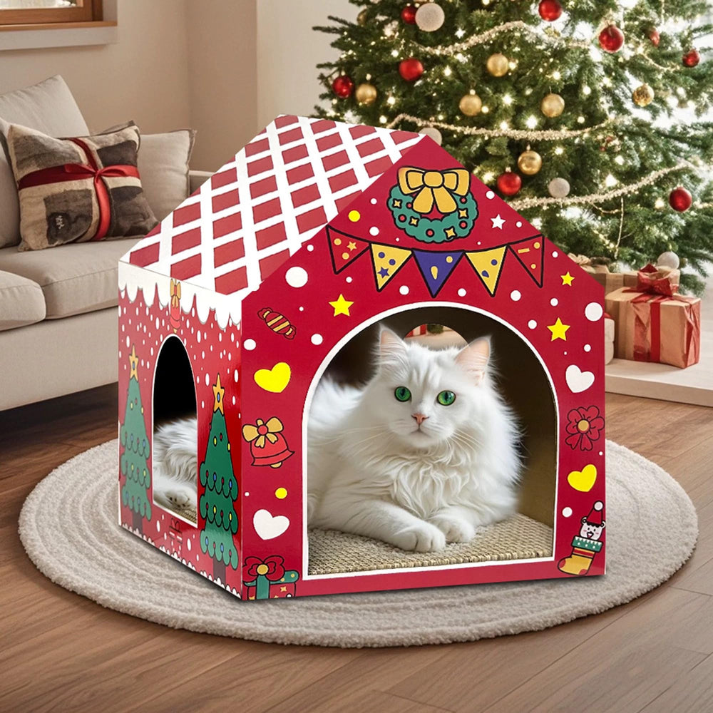 LUCKITTY Cardboard Cat House Holiday Hideout offers a warm private nap space.