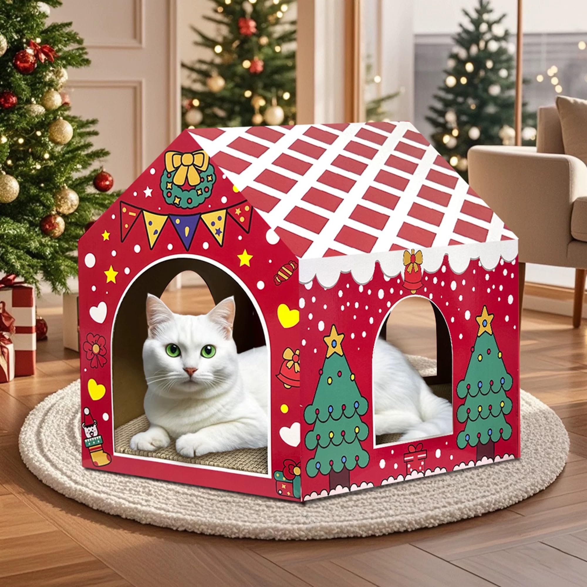 LUCKITTY cat scratcher house with holiday design offers cozy hideout and play