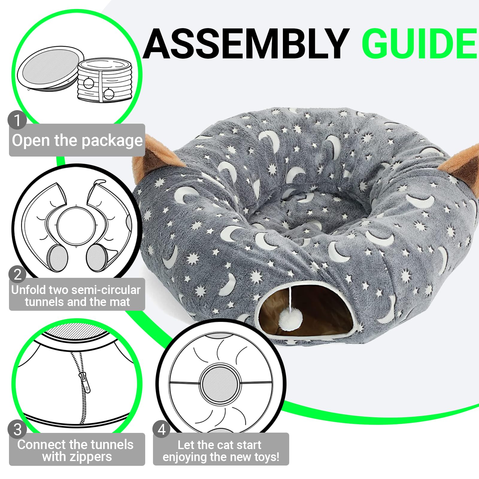 LUCKITTY Cat Tunnel Bed full moon center mat provides cozy resting spot