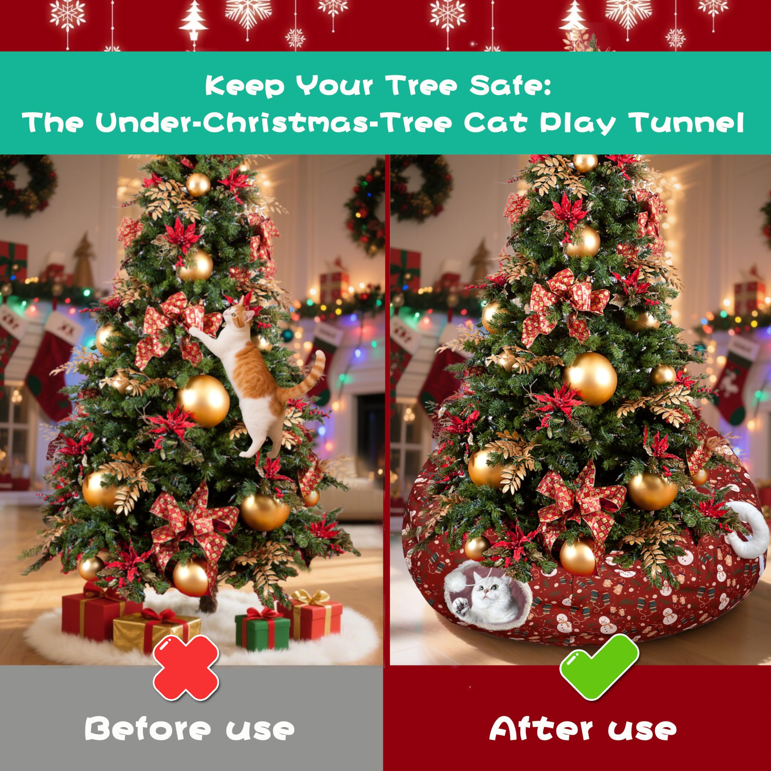 LUCKITTY cat tunnel bed red candy-cane pattern adds holiday charm to any living room corner.