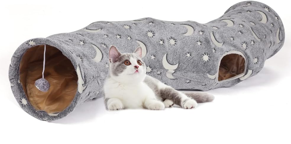 LUCKITTY Cat Tunnel Tube grey Moon Star aesthetic enhances indoor decor and play.