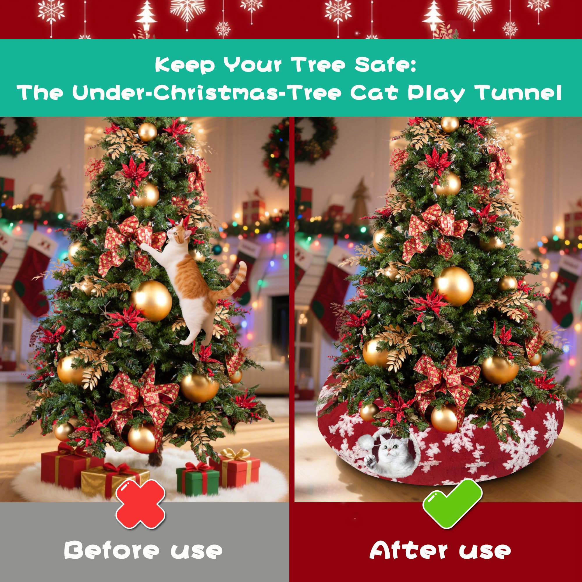 LUCKITTY Christmas cat tunnel under tree wide view shows soft velvet jacquard fabric