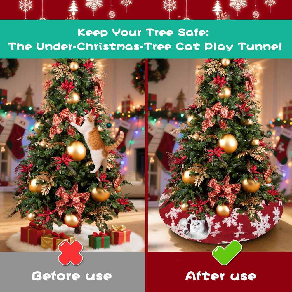 LUCKITTY Christmas cat tunnel under tree wide view shows soft velvet jacquard fabric