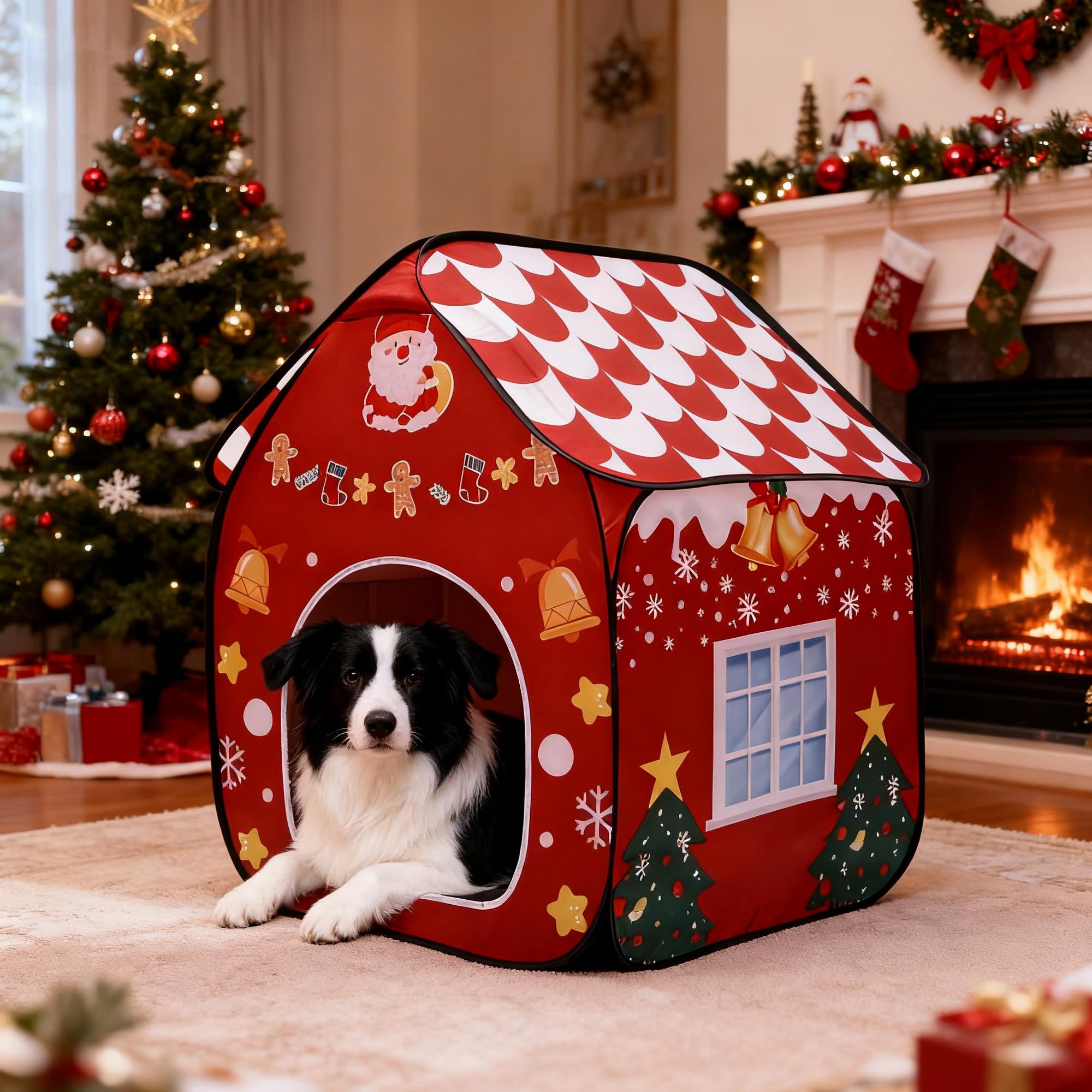 LUCKITTY Christmas foldable dog house design boosts cozy living room decor