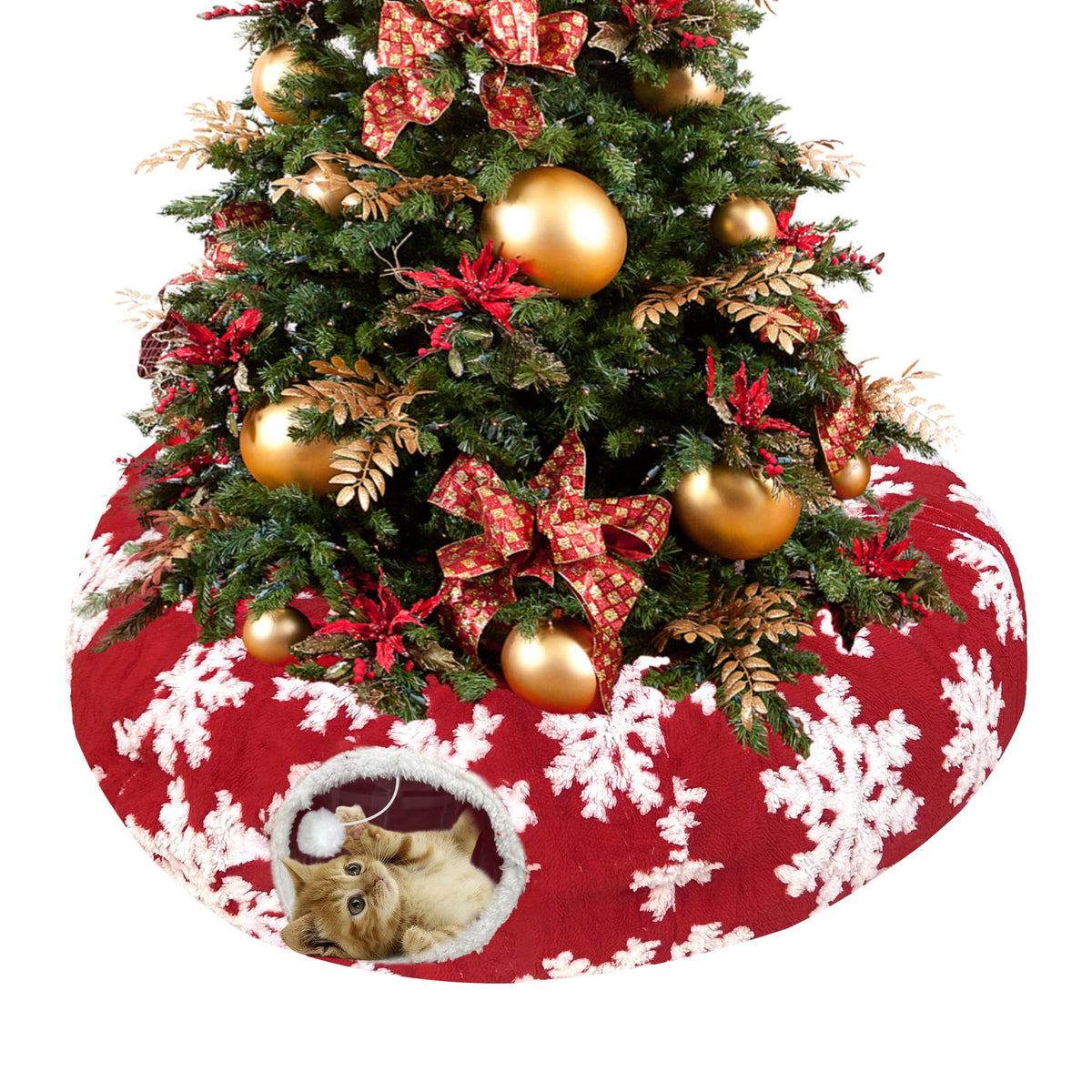 LUCKITTY Christmas snowflake cat tunnel under tree side view with plush ball distraction