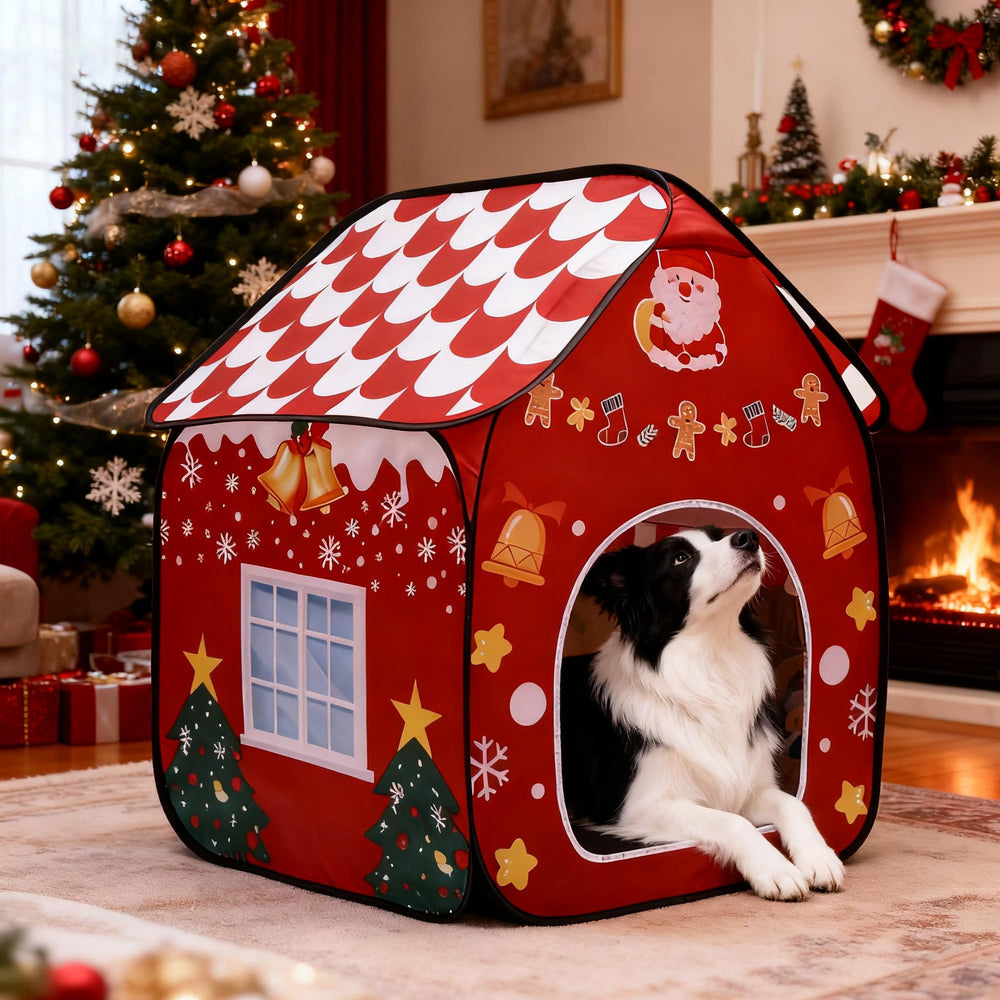 LUCKITTY festive dog house in living room supports holiday ambience