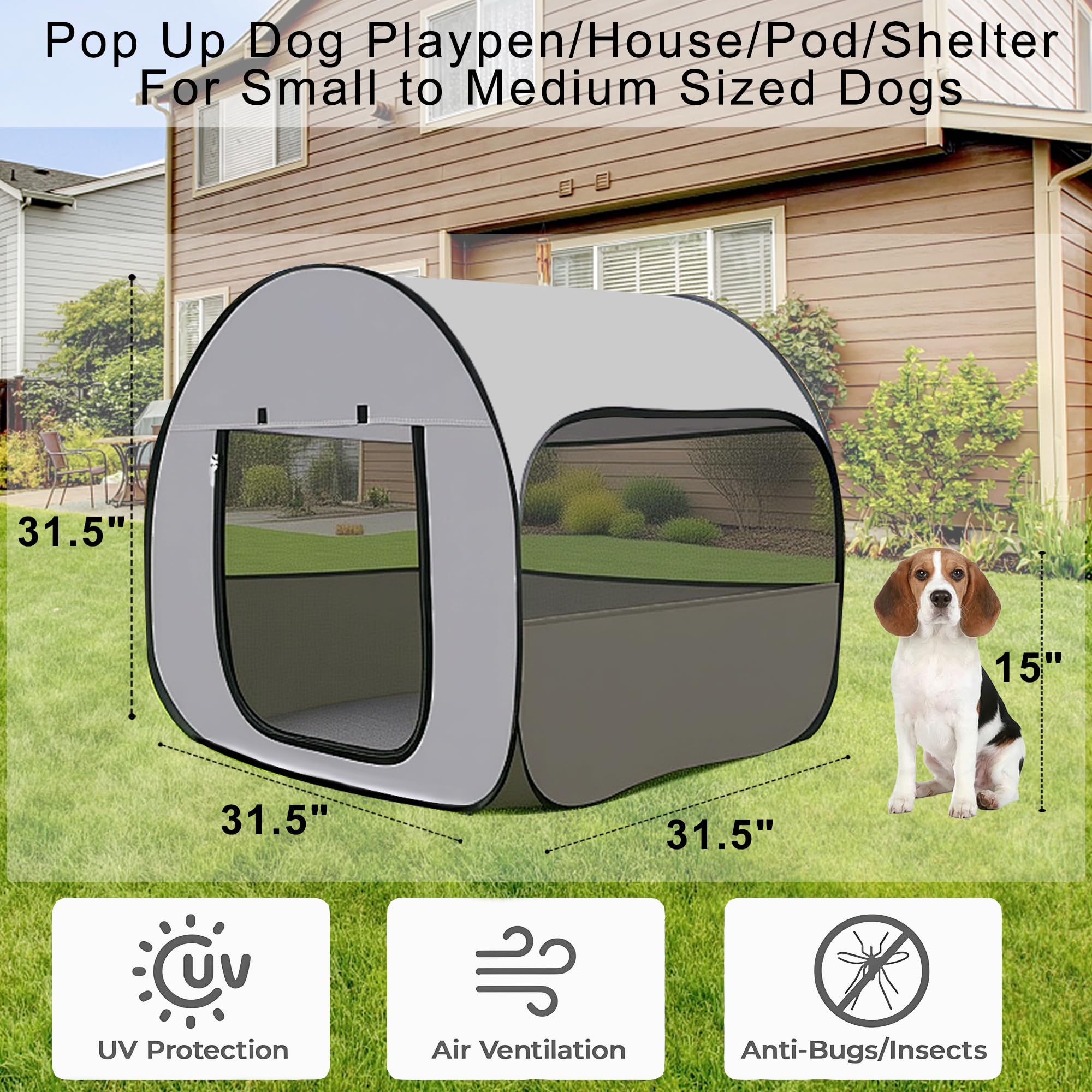 LUCKITTY Pop-Up Dog Kennel side ventilation highlights 360° airflow for outdoor use.