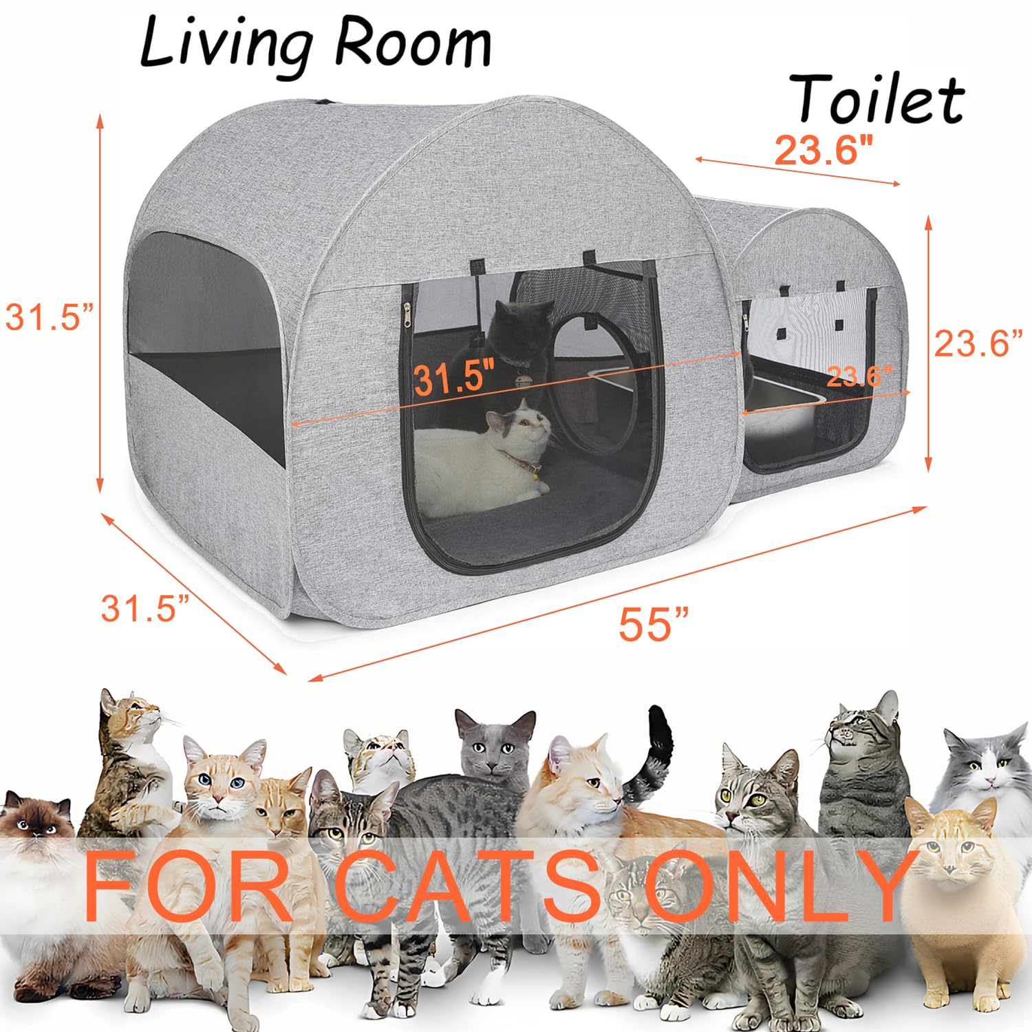 LUCKITTY Portable Cat Playpen side view highlights durable oxford fabric and sturdy frame.