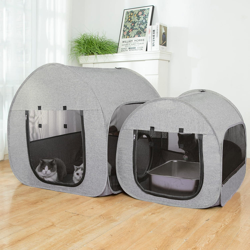 LUCKITTY Portable Cat Playpen two-room-layout reveals living space and litter area.