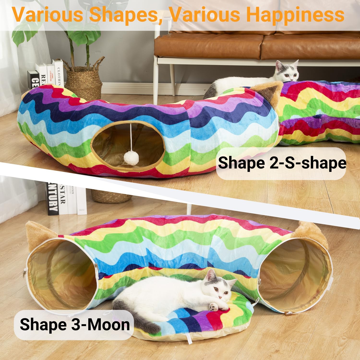 LUCKITTY tunnel bed with fluffy balls invites interactive play and scratching fun.