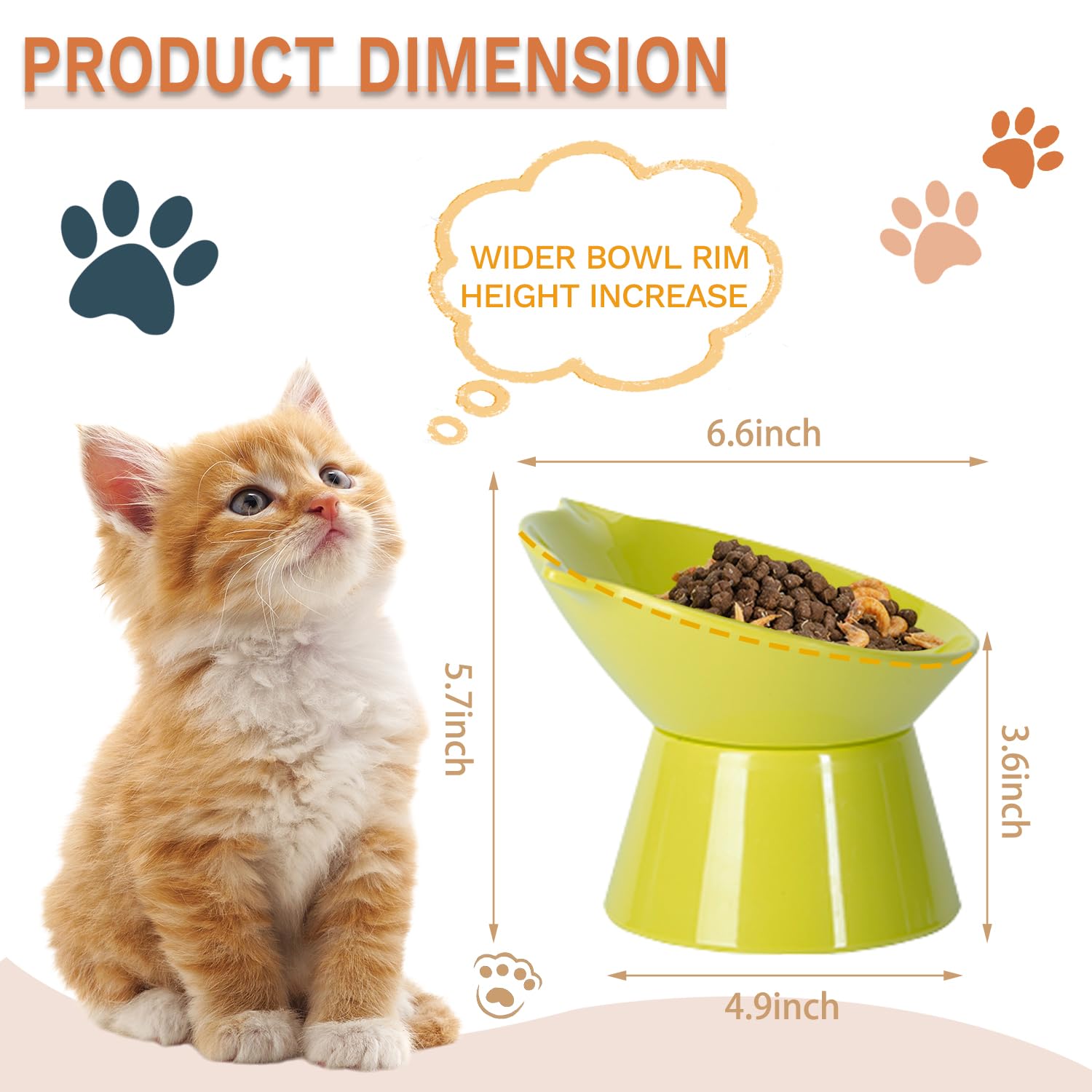 LuckyPots elevated cat bowls front-view highlight adjustable height for better spine comfort.