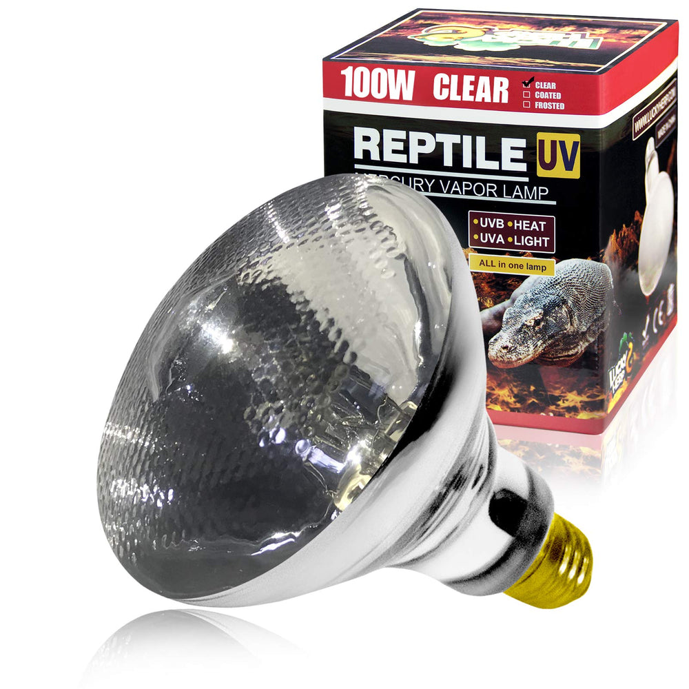 LUCKY HERP 100W UVA UVB Vapor Heat Lamp Bulb glow demonstrates full-spectrum warmth for reptiles.